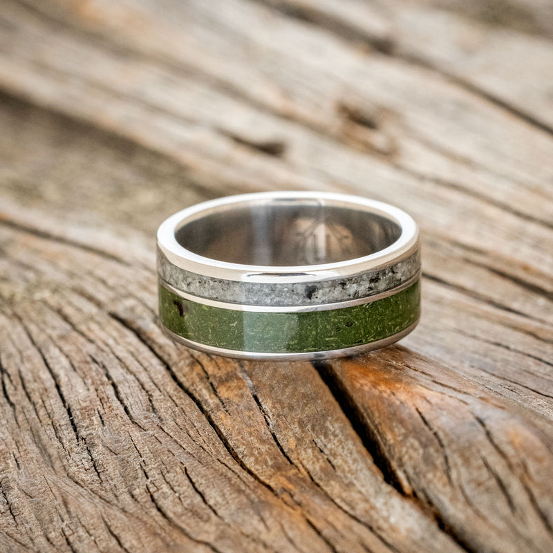 "RAPTOR" - MATCHING SET OF MOSS WITH MOLDAVITE & MOONSTONE MIX WEDDING BANDS-4