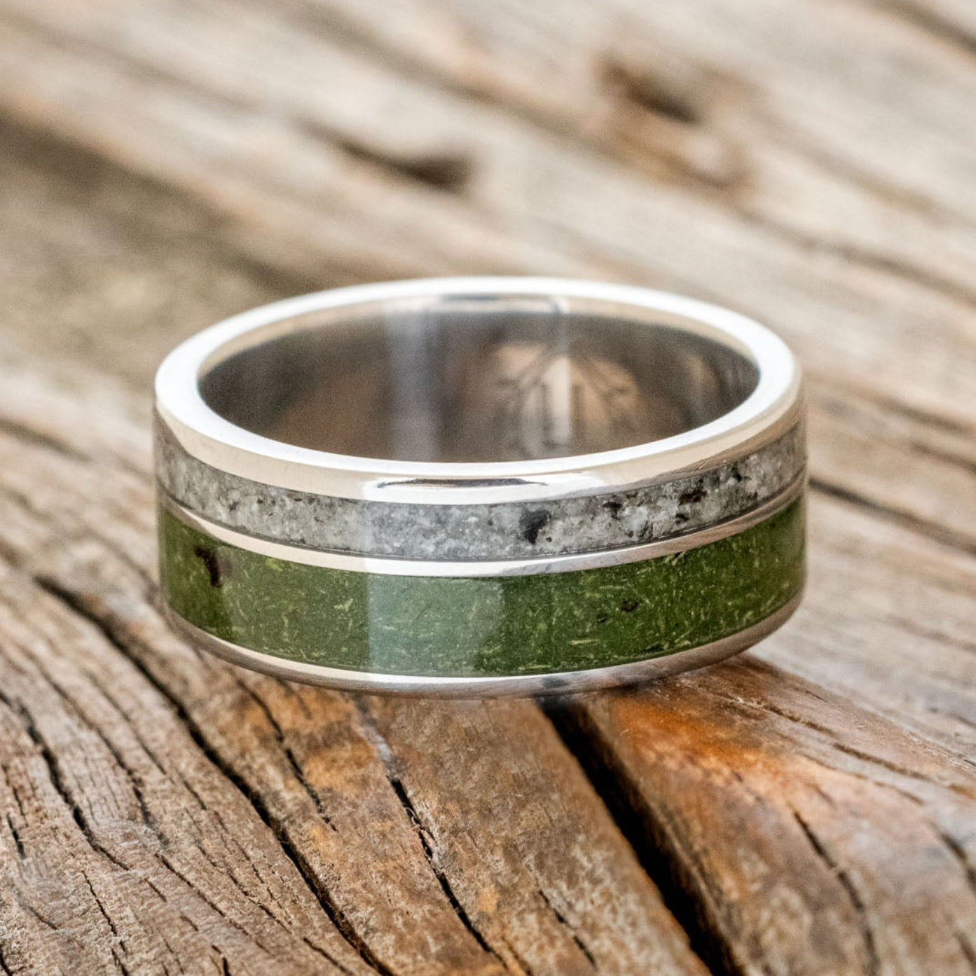 "RAPTOR" - MOSS WITH MOLDAVITE & MOONSTONE MIX WEDDING BAND-3