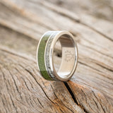 "RAPTOR" - MATCHING SET OF MOSS WITH MOLDAVITE & MOONSTONE MIX WEDDING BANDS-2