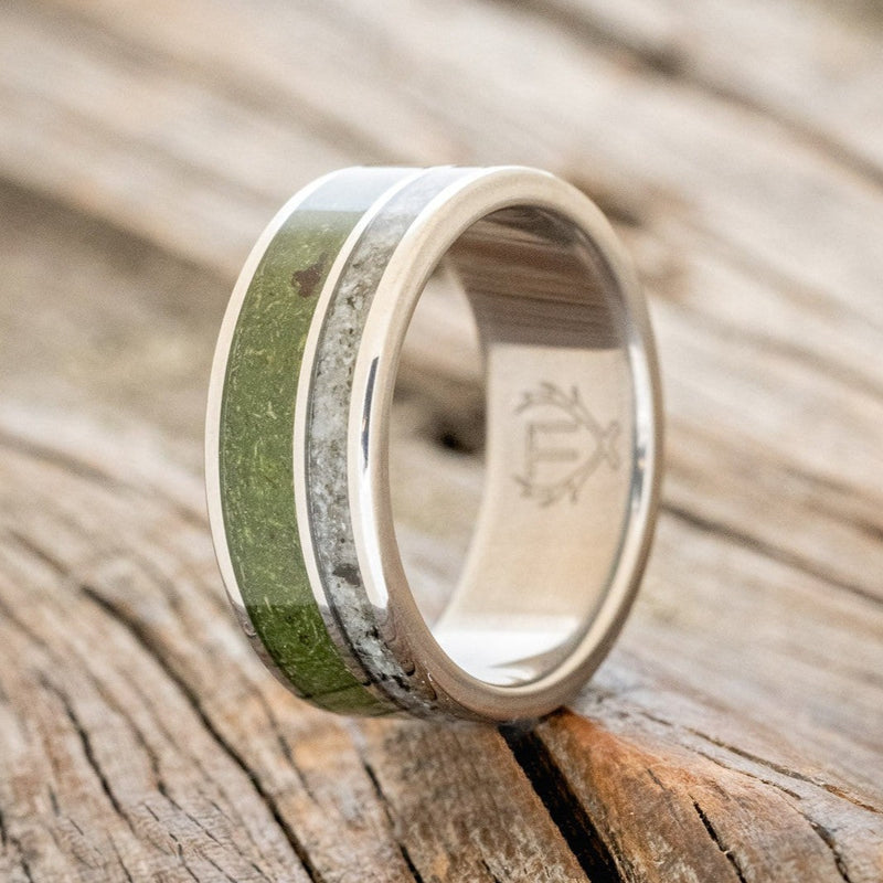 "RAPTOR" - MOSS WITH MOLDAVITE & MOONSTONE MIX WEDDING BAND-1