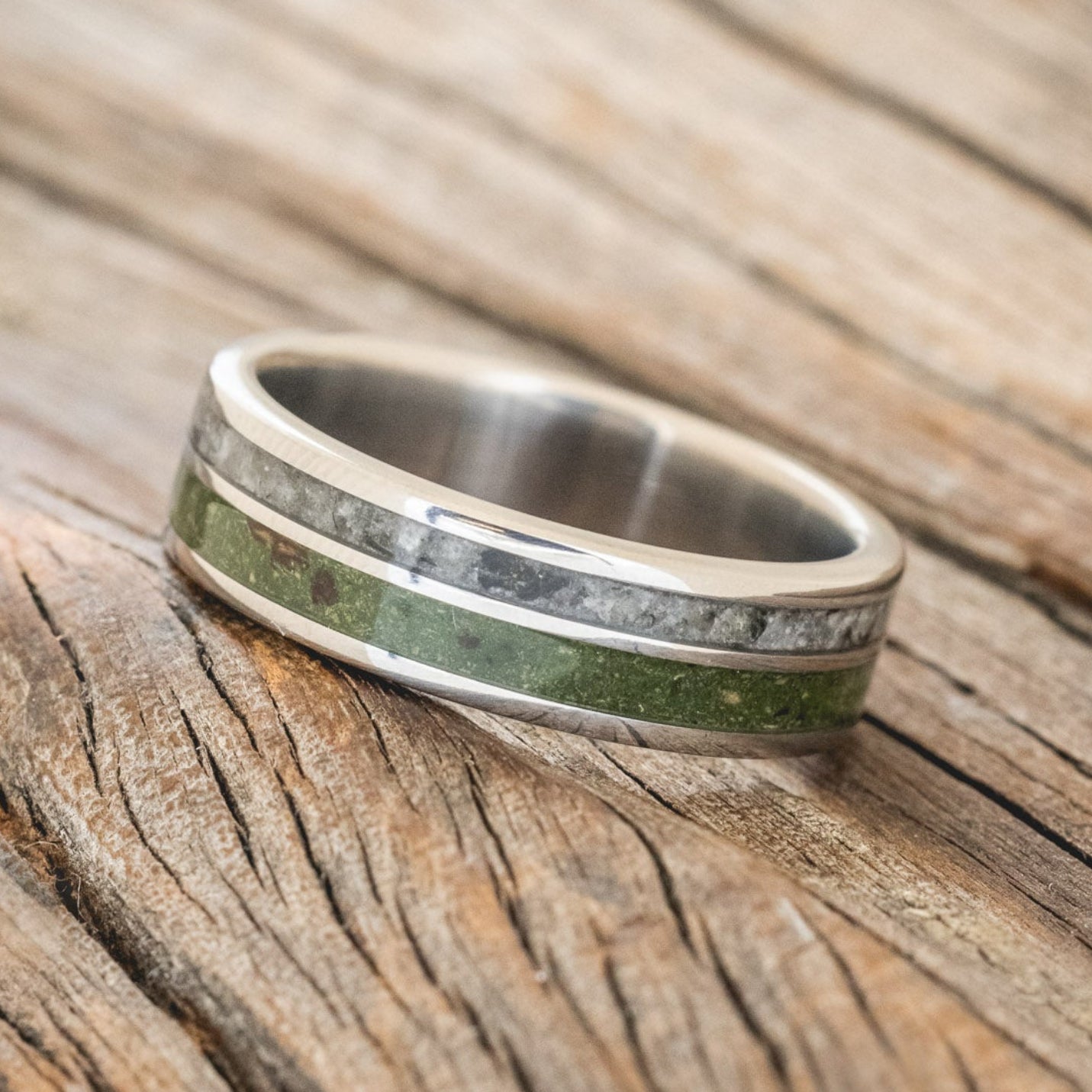 "RAPTOR" - MOSS WITH MOLDAVITE & MOONSTONE MIX WEDDING BAND-2
