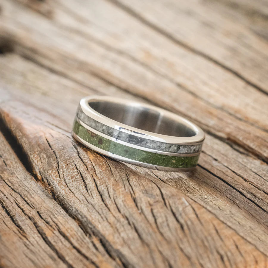 "RAPTOR" - MOSS WITH MOLDAVITE & MOONSTONE MIX WEDDING BAND - TITANIUM (6MM) - SIZE 6 1/2-Staghead Designs