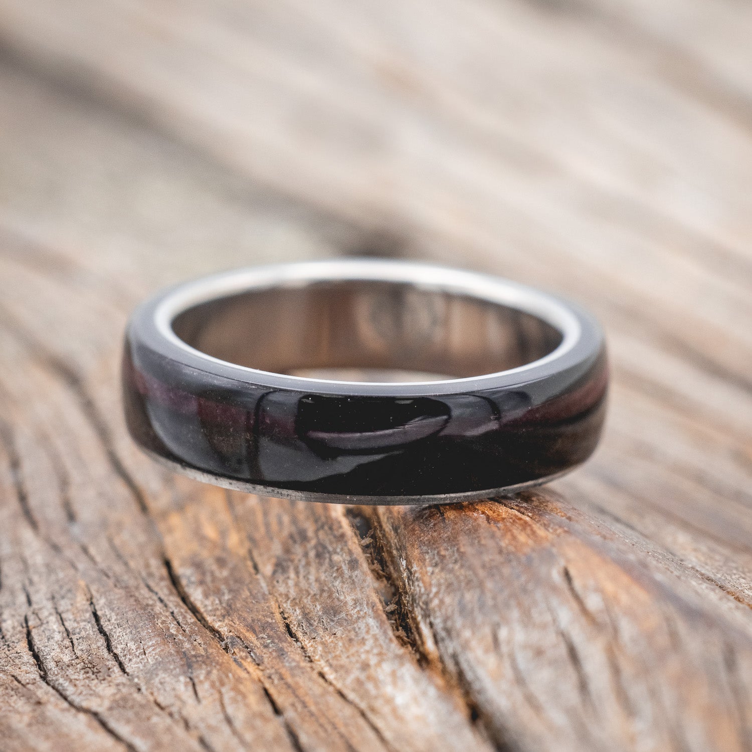 "REMMY" - EBONY WOOD WEDDING BAND WITH A PURPLE HEART WOOD INLAY-Staghead Designs