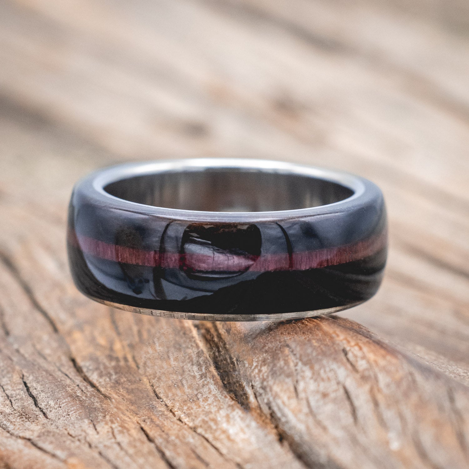 "REMMY" - EBONY WOOD WEDDING BAND WITH A PURPLE HEART WOOD INLAY-Staghead Designs