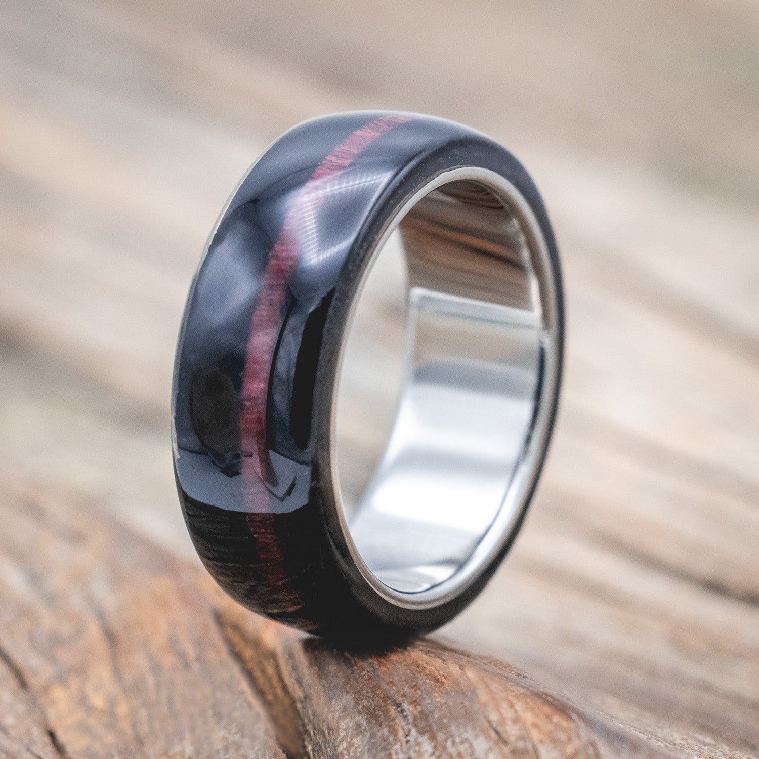 "REMMY" - EBONY WOOD WEDDING BAND WITH A PURPLE HEART WOOD INLAY-Staghead Designs
