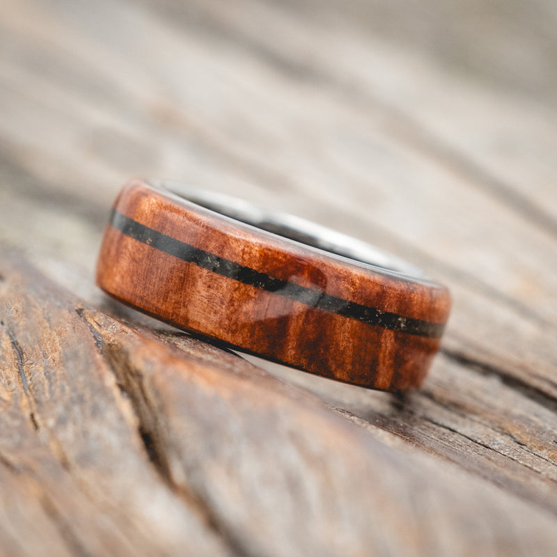 "REMMY" - MATCHING SET OF REDWOOD & MOSS INLAY WEDDING BANDS