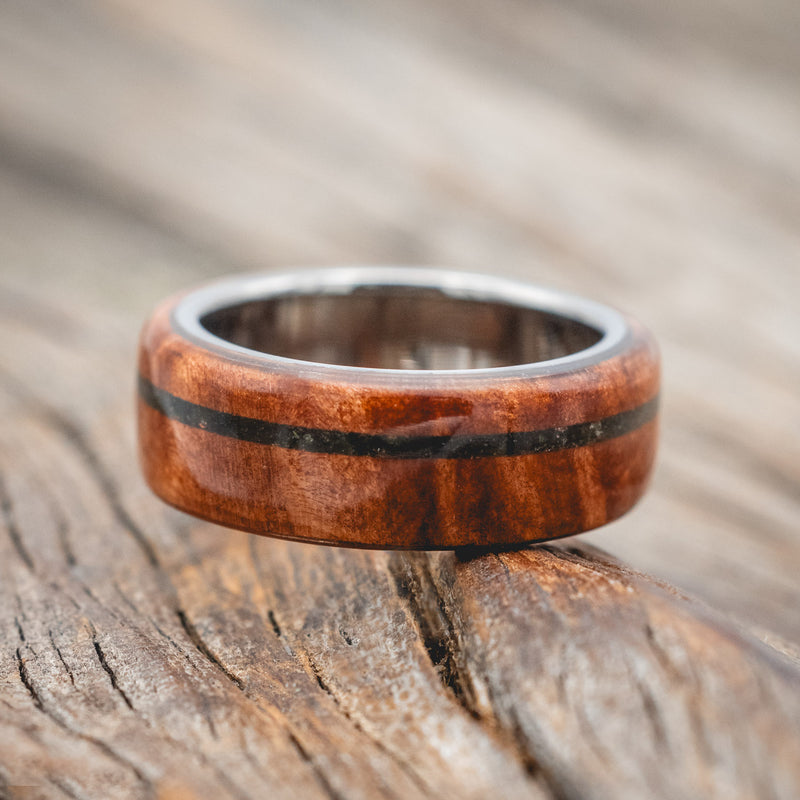 "REMMY" - MATCHING SET OF REDWOOD & MOSS INLAY WEDDING BANDS