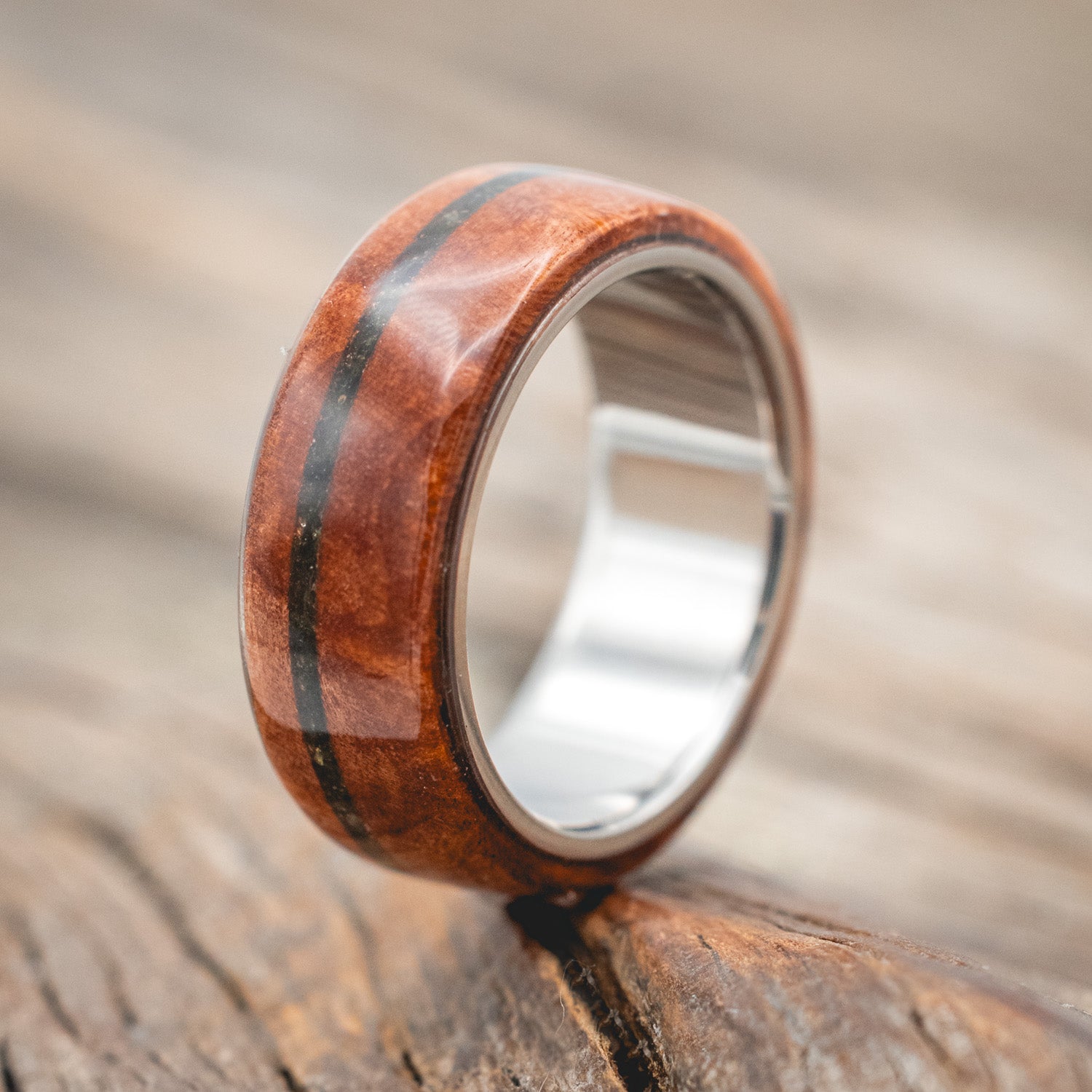 "REMMY" - MATCHING SET OF REDWOOD & MOSS INLAY WEDDING BANDS-Staghead Designs
