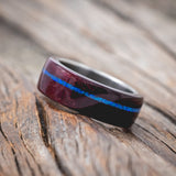 "REMMY" - PURPLE HEART WOOD WEDDING BAND WITH A BLUE OPAL INLAY-Staghead Designs