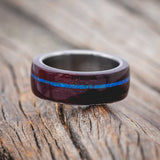 "REMMY" - PURPLE HEART WOOD WEDDING BAND WITH A BLUE OPAL INLAY-Staghead Designs