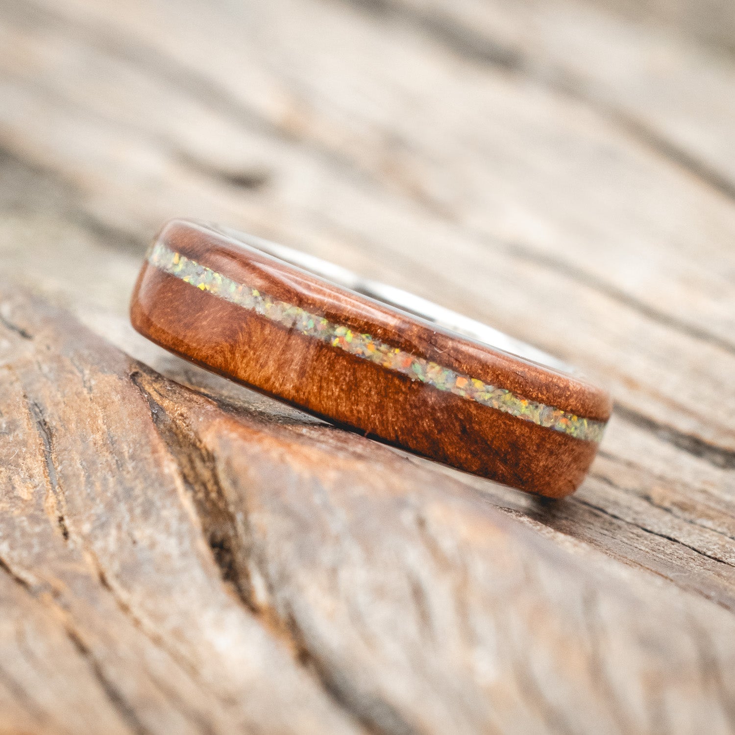 "REMMY" - REDWOOD & FIRE & ICE OPAL INLAY WEDDING RING-Staghead Designs