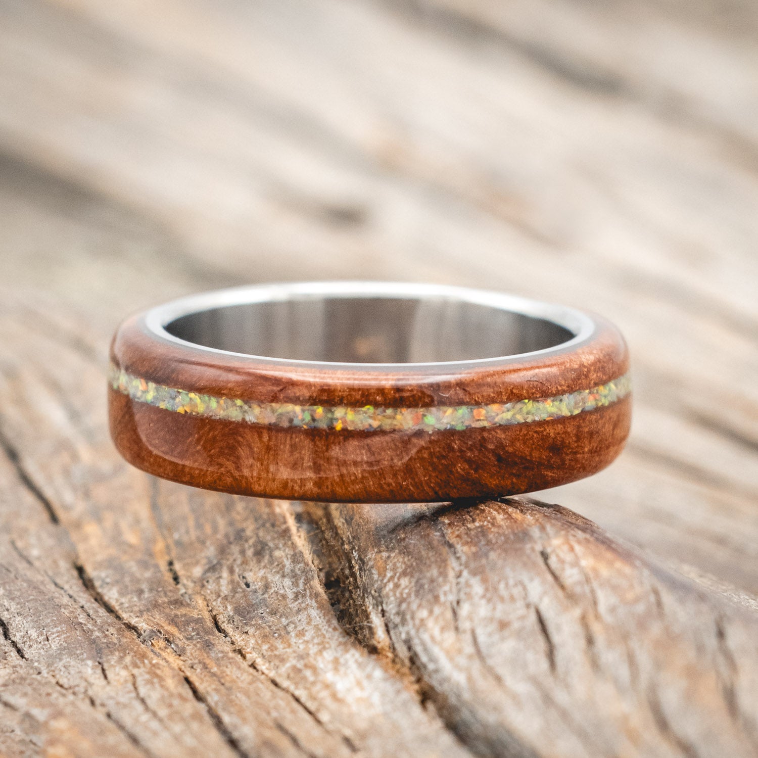 "REMMY" - REDWOOD & FIRE & ICE OPAL INLAY WEDDING RING-Staghead Designs