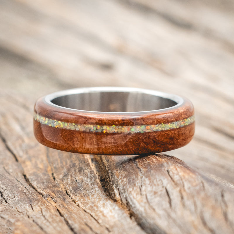 "REMMY" - REDWOOD & FIRE & ICE OPAL INLAY WEDDING RING