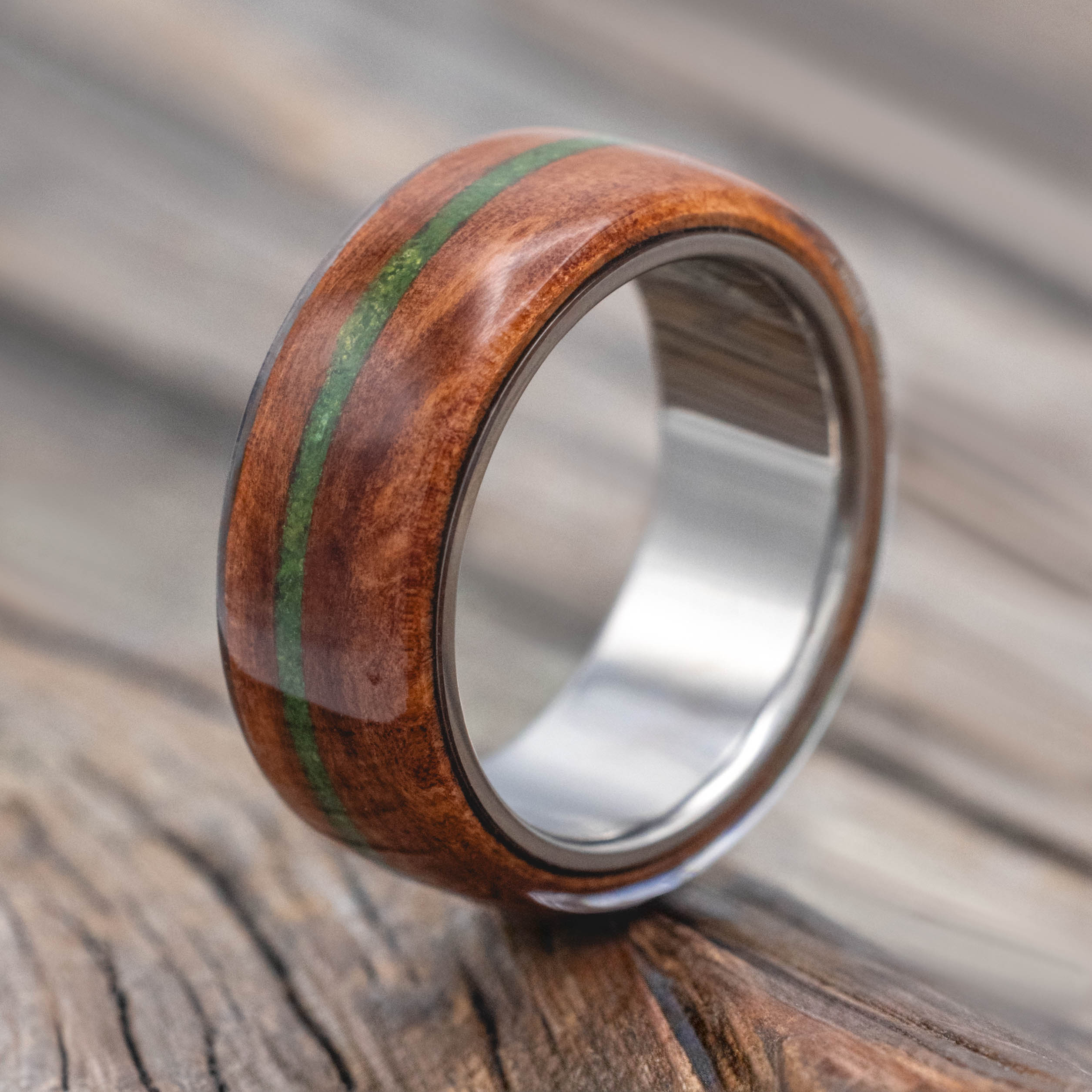 "REMMY" - MATCHING SET OF REDWOOD & MOSS INLAY WEDDING BANDS-Staghead Designs