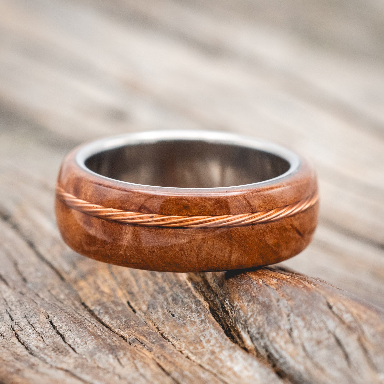"REMMY" - REDWOOD & TWISTED COPPER WIRE WEDDING BAND-Staghead Designs