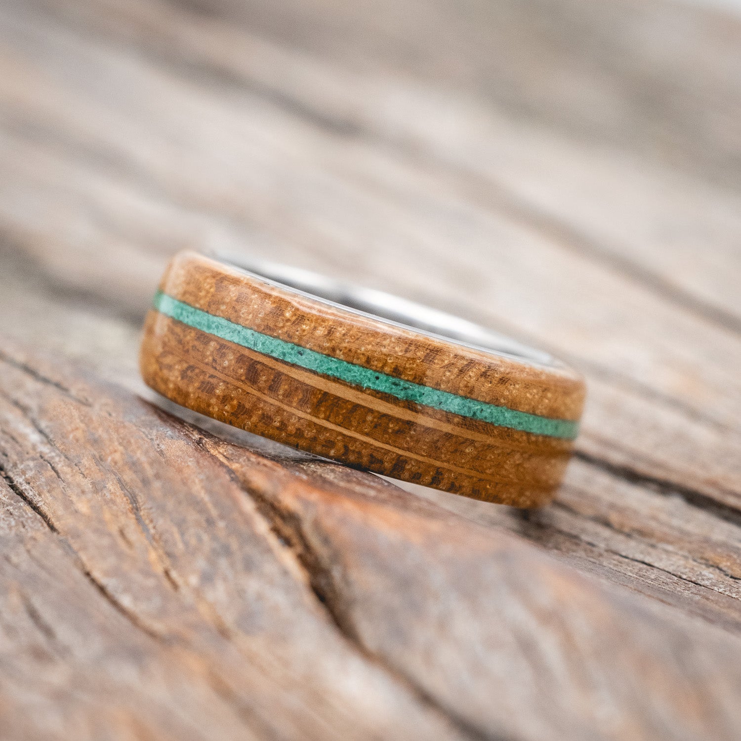 "REMMY" - WHISKEY BARREL OAK & MALACHITE WEDDING RING-Staghead Designs