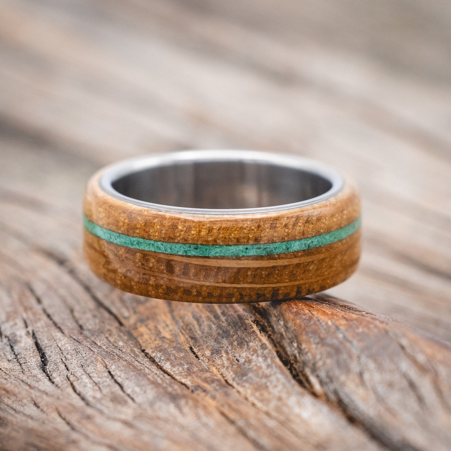 "REMMY" - WHISKEY BARREL OAK & MALACHITE WEDDING RING-Staghead Designs