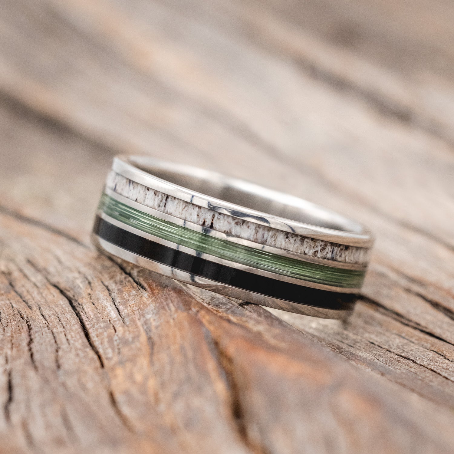 "RIO" - ANTLER, IRONWOOD & GREEN MONO FISHING LINE WEDDING BAND-Staghead Designs