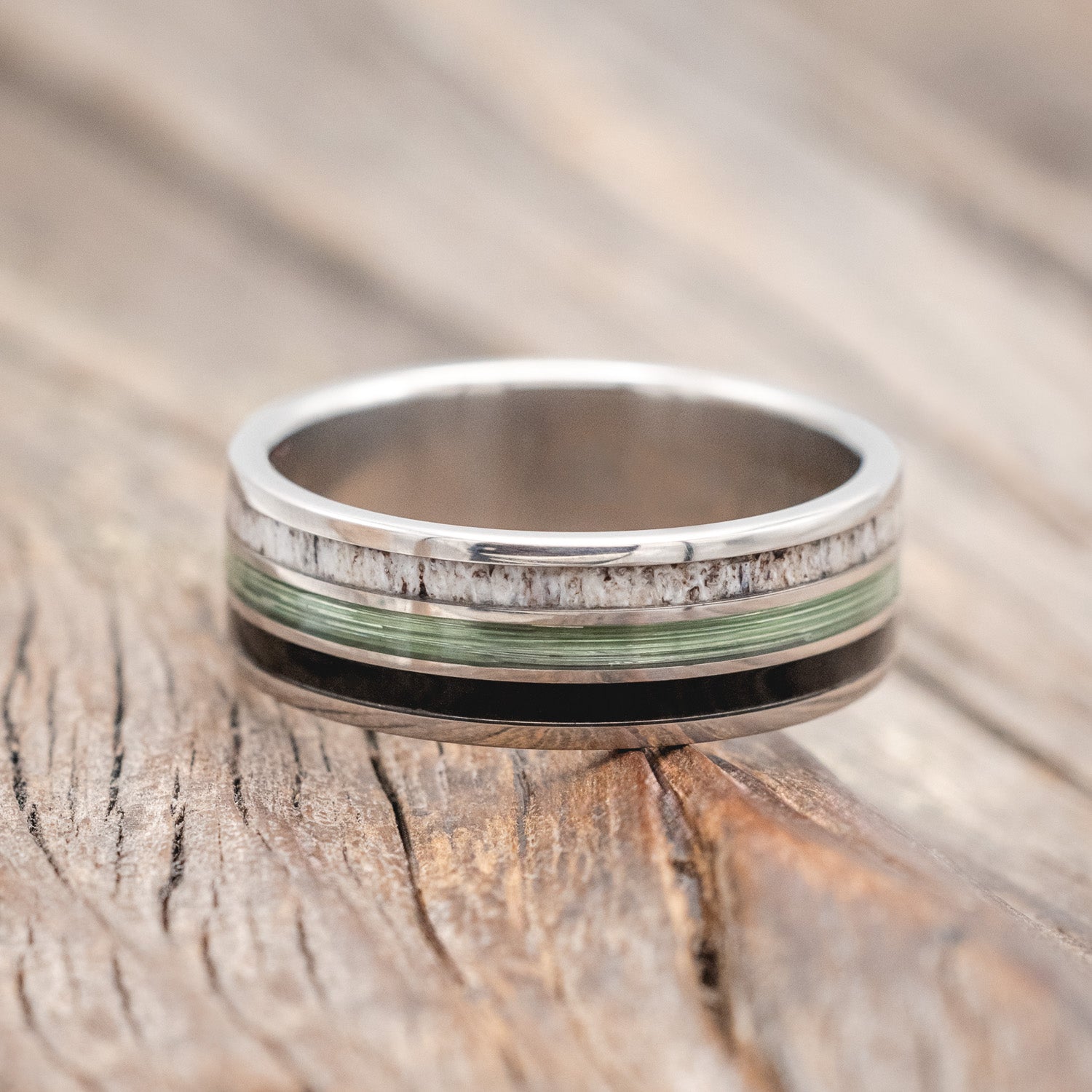 "RIO" - ANTLER, IRONWOOD & GREEN MONO FISHING LINE WEDDING BAND-Staghead Designs