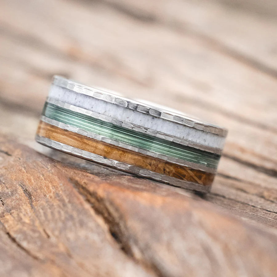 "RIO" - ANTLER, GREEN MONO FISHING LINE, AND WHISKEY BARREL OAK WEDDING BAND WITH A HAMMERED FINISH - TITANIUM - SIZE 7-Staghead Designs