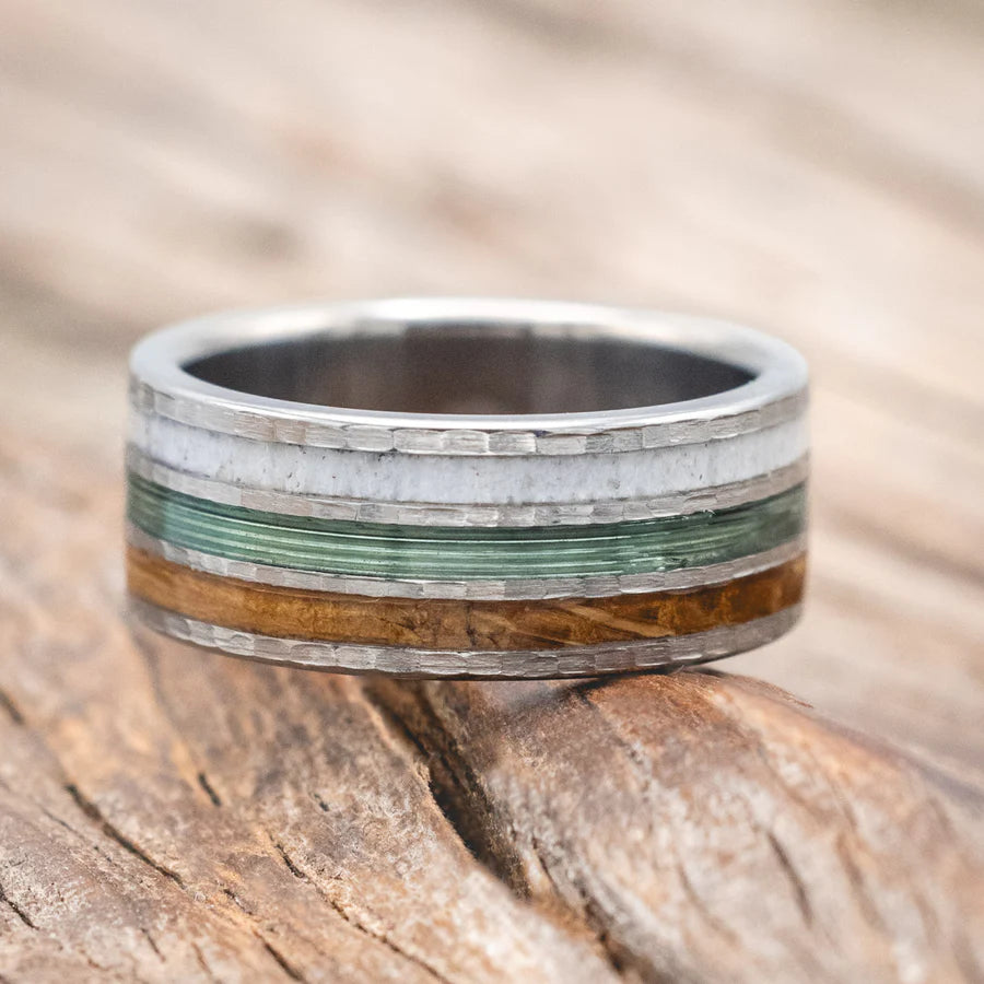 "RIO" - ANTLER, GREEN MONO FISHING LINE, AND WHISKEY BARREL OAK WEDDING BAND WITH A HAMMERED FINISH - TITANIUM - SIZE 7-Staghead Designs