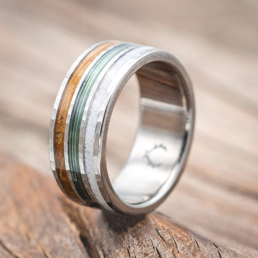 "RIO" - ANTLER, GREEN MONO FISHING LINE, AND WHISKEY BARREL OAK WEDDING BAND WITH A HAMMERED FINISH - TITANIUM - SIZE 7-Staghead Designs