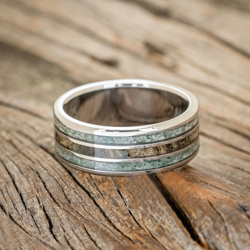 "RIO" - MOSS AGATE & BUCKEYE BURL WEDDING RING-3