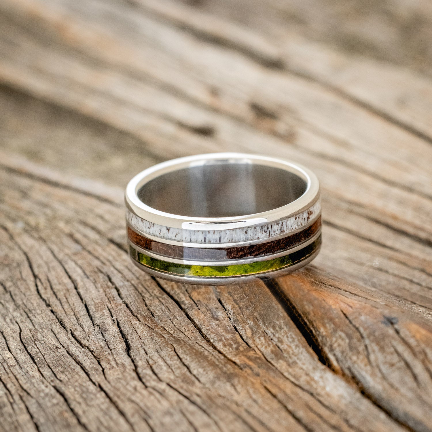 "RIO" - MOSSY PATINA COPPER, ANTLER & IRONWOOD WEDDING BAND-3