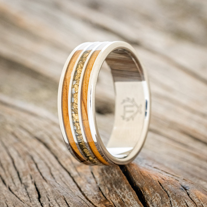 "RIO" - OLIVE WOOD & GOLD NUGGETS WEDDING BAND-1