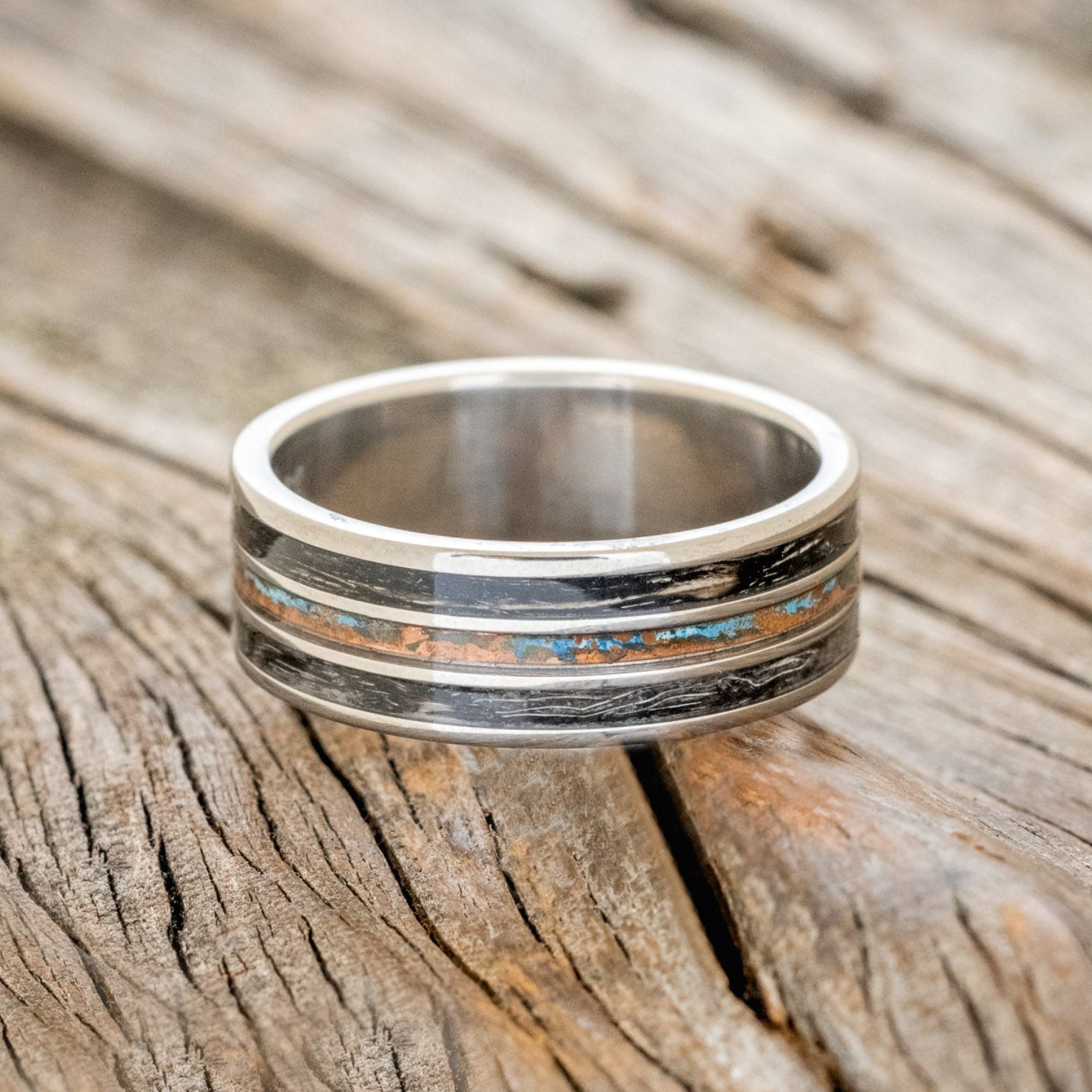 "RIO" - PATINA COPPER & DUCK FEATHER WEDDING BAND-3