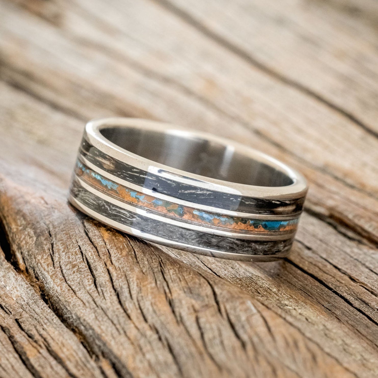 "RIO" - PATINA COPPER & DUCK FEATHER WEDDING BAND-2