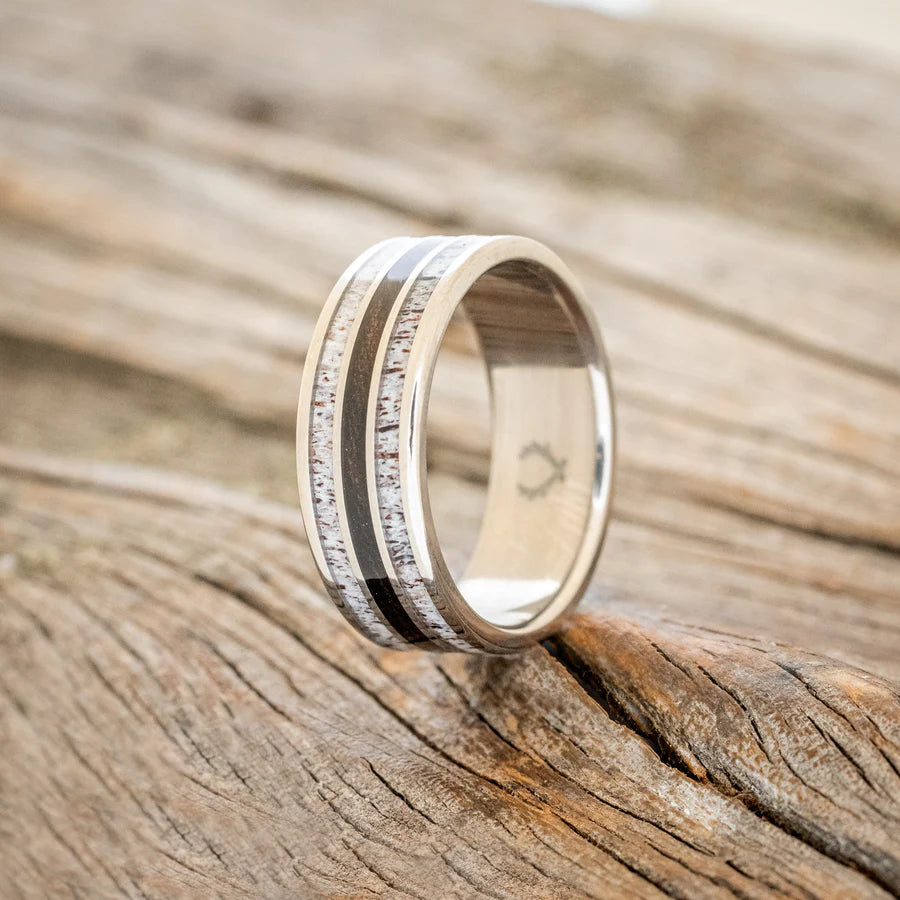 "RIO" - IRONWOOD & ANTLER WEDDING RING - BLACK ZIRCONIUM - SIZE 8-Staghead Designs