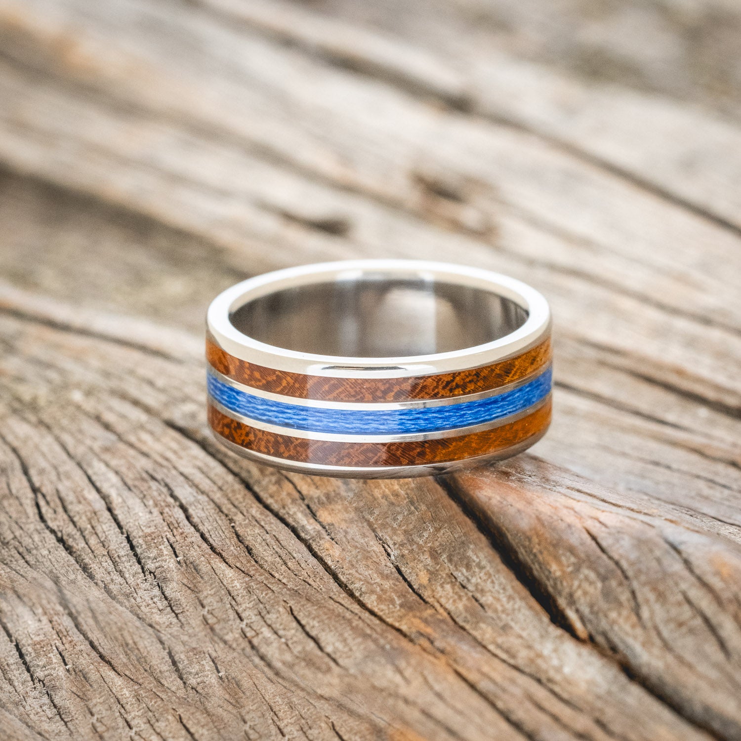 "RIO" - IRONWOOD & BLUE FISHING LINE WEDDING BAND-3