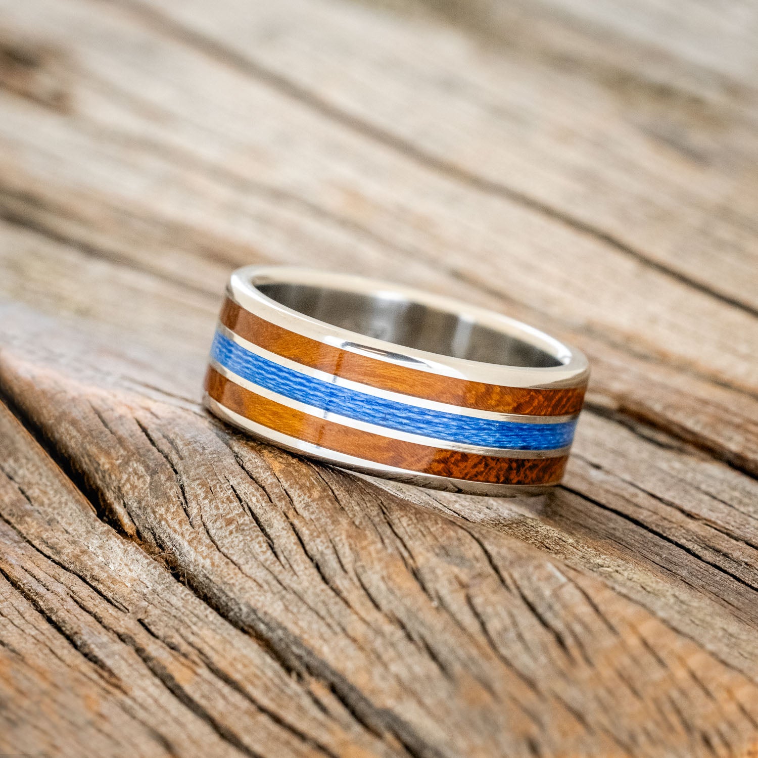 "RIO" - IRONWOOD & BLUE FISHING LINE WEDDING BAND-2