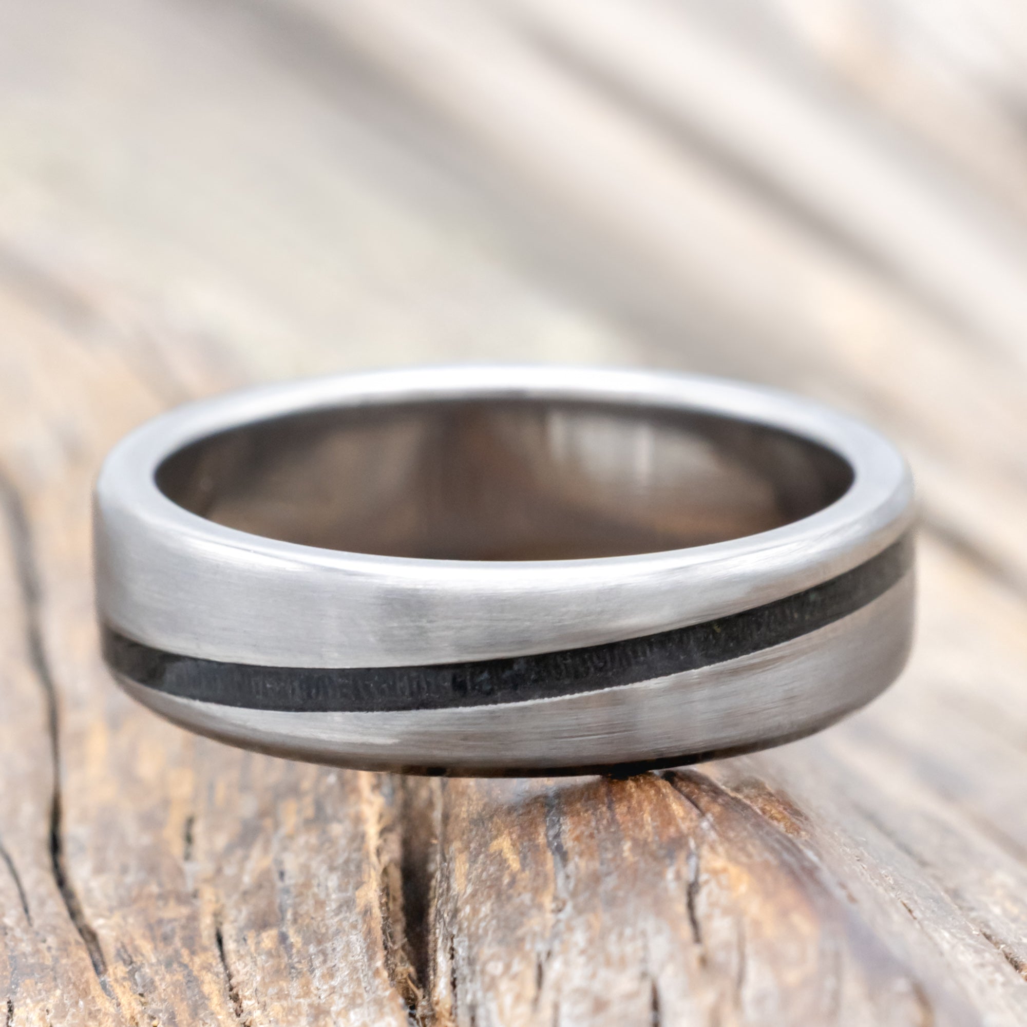 "RONAN" - WEDDING BAND WITH AN ANGLED MOLDAVITE & MOSS AGATE INLAY AND A BRUSHED FINISH-Staghead Designs