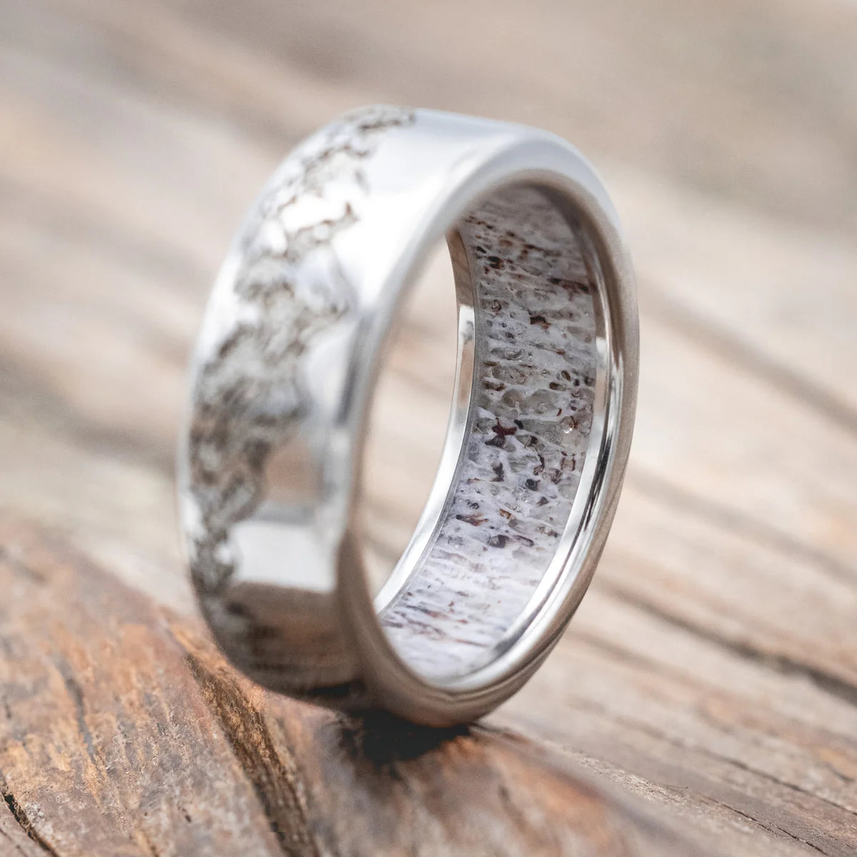 "Ross" - Mountain & Forest Engraved Wedding Band With Antler Lining - Titanium (8mm) - Size 12 1/2-Staghead Designs