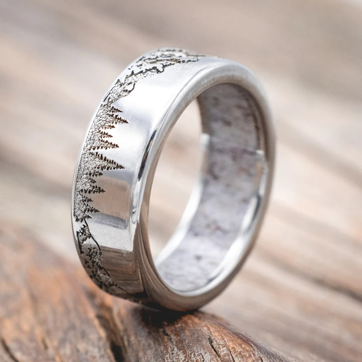 "Ross" - Mountain & Forest Engraved Wedding Band With Antler Lining - Titanium (8mm) - Size 12 1/2-Staghead Designs