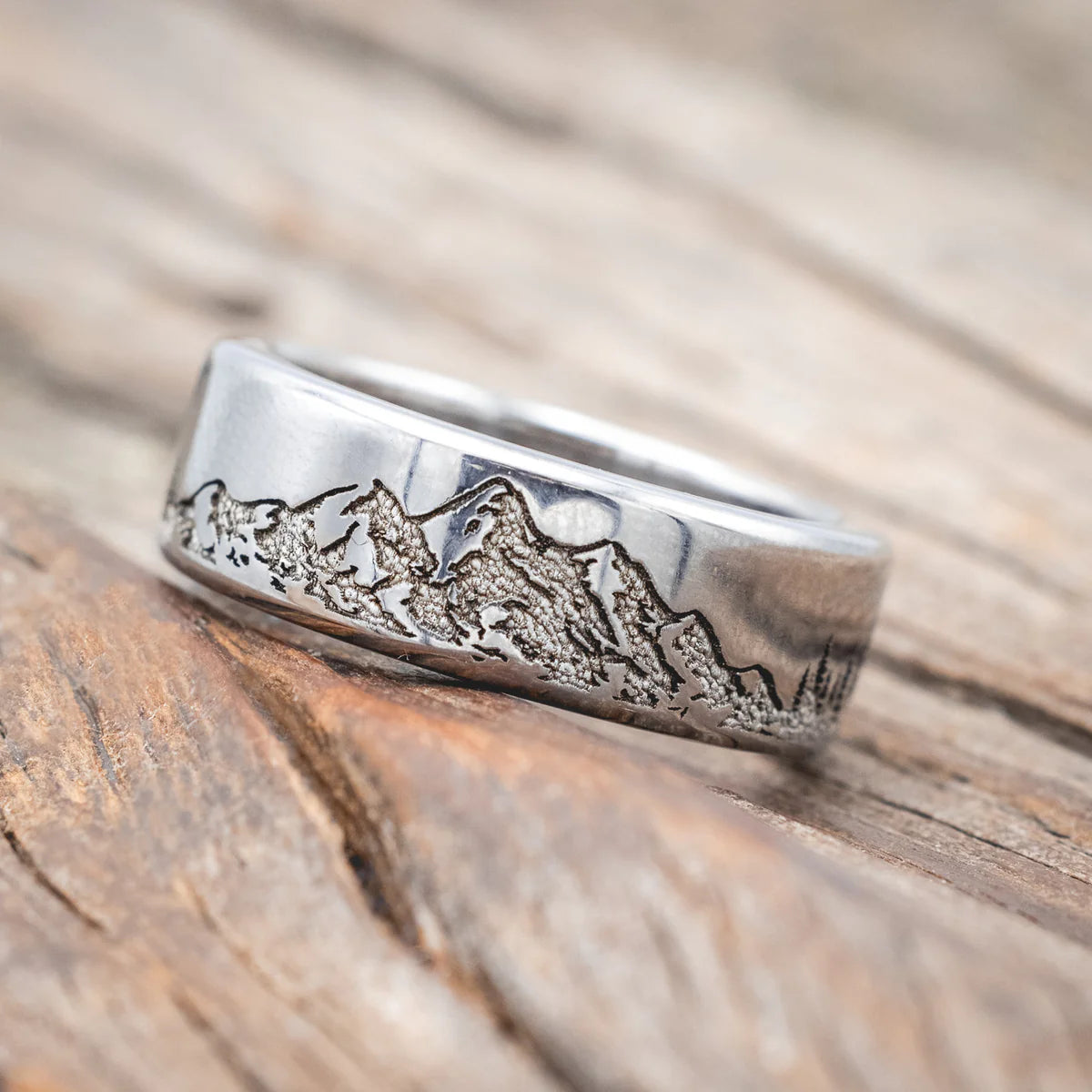 "Ross" - Mountain & Forest Engraved Wedding Band With Antler Lining - Titanium (8mm) - Size 12 1/2-Staghead Designs