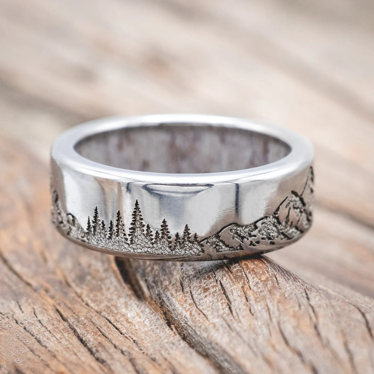 "Ross" - Mountain & Forest Engraved Wedding Band With Antler Lining - Titanium (8mm) - Size 12 1/2-Staghead Designs