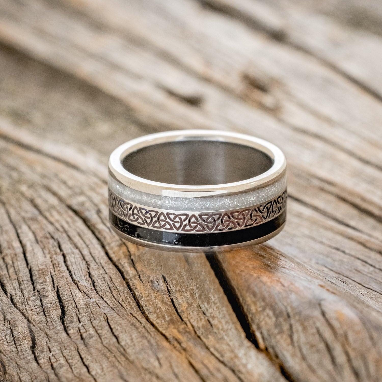 "RYDER" - CELTIC TRIQUETRA KNOT ENGRAVED, DIAMOND DUST & JET STONE WEDDING RING-3