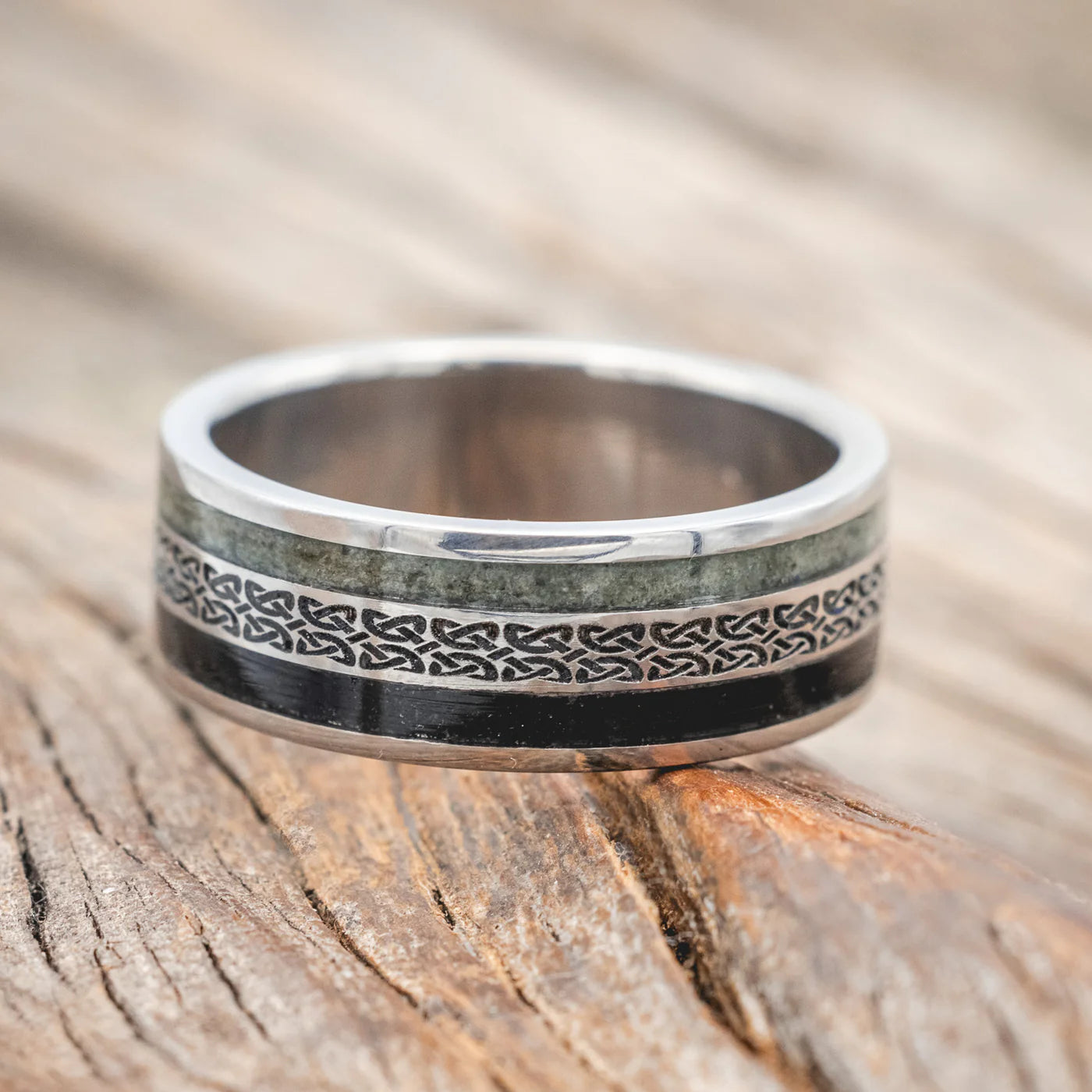 "RYDER" - CELTIC LOVE KNOT ENGRAVED BAND WITH CRUSHED MOSS AGATE & JET STONE INLAYS - TITANIUM - SIZE 9-Staghead Designs