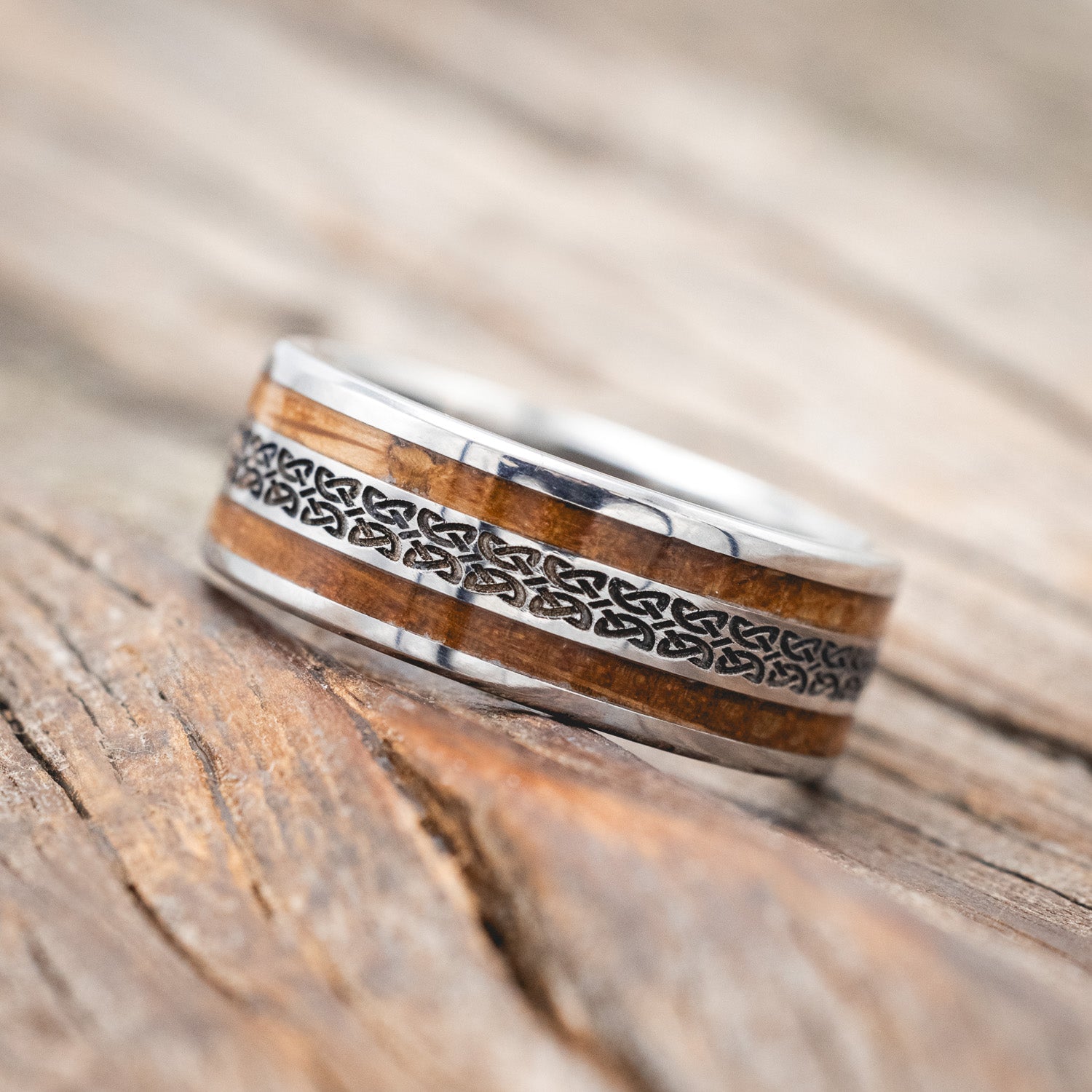 "RYDER" - CELTIC LOVE KNOT ENGRAVED & WHISKEY BARREL OAK WEDDING RING-Staghead Designs