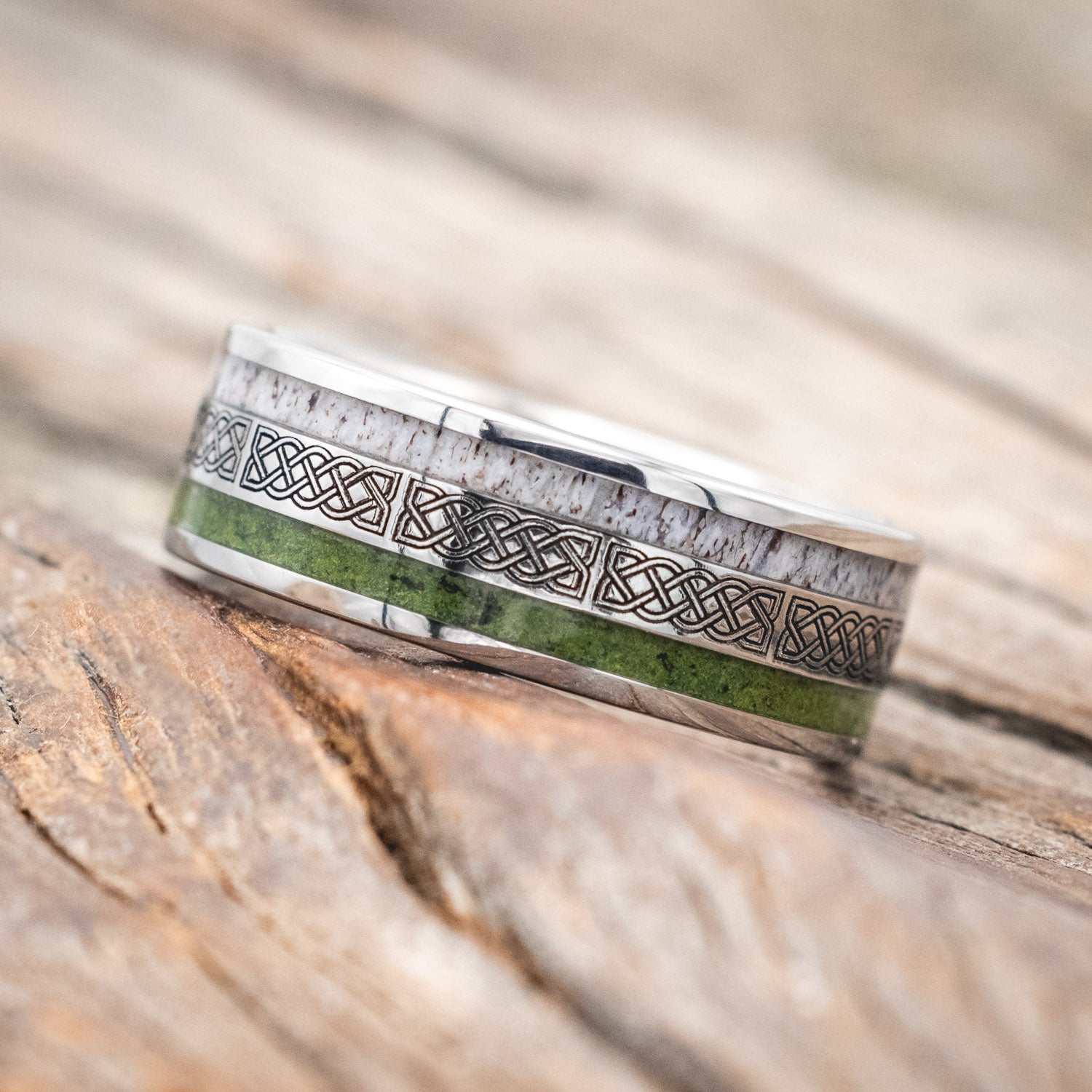 "RYDER" - CELTIC SAILOR'S KNOT ENGRAVED WEDDING BAND WITH ANTLER & MOSS-Staghead Designs