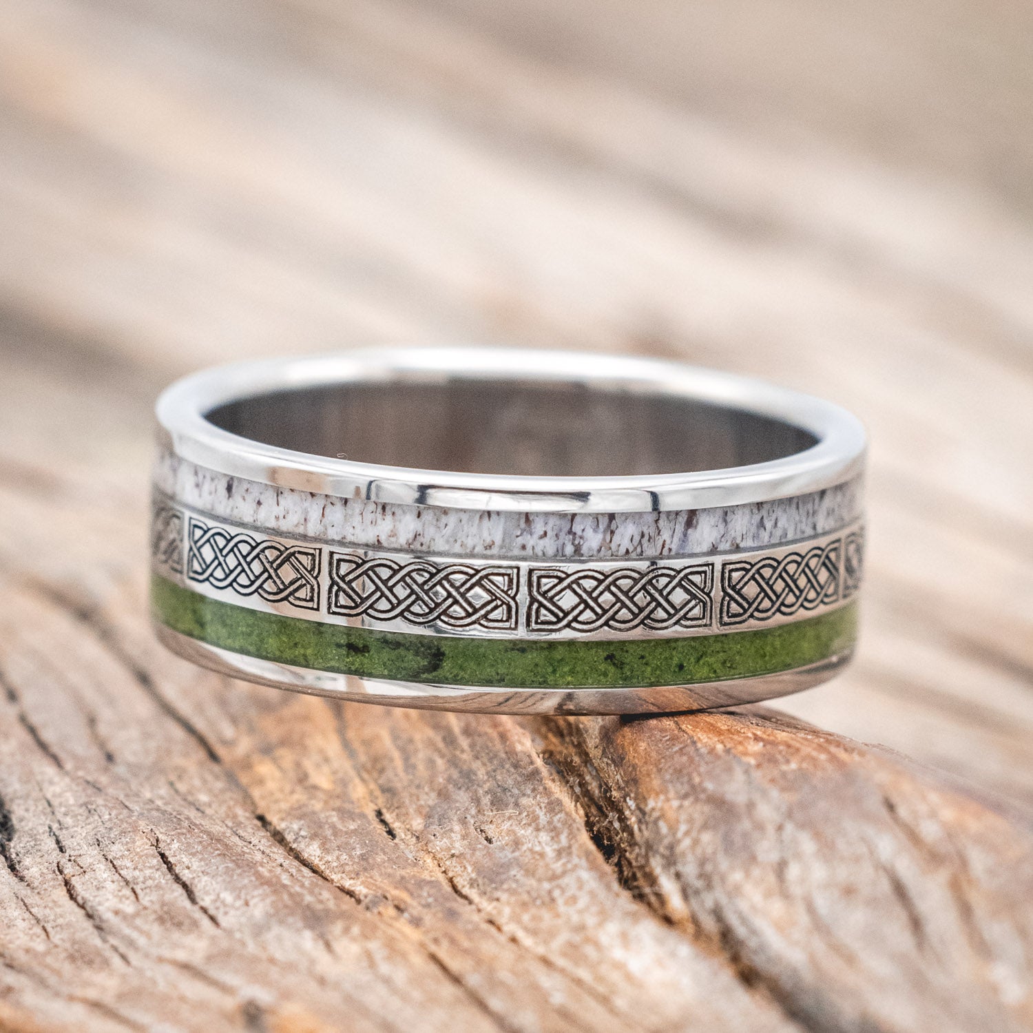 "RYDER" - CELTIC SAILOR'S KNOT ENGRAVED WEDDING BAND WITH ANTLER & MOSS-Staghead Designs