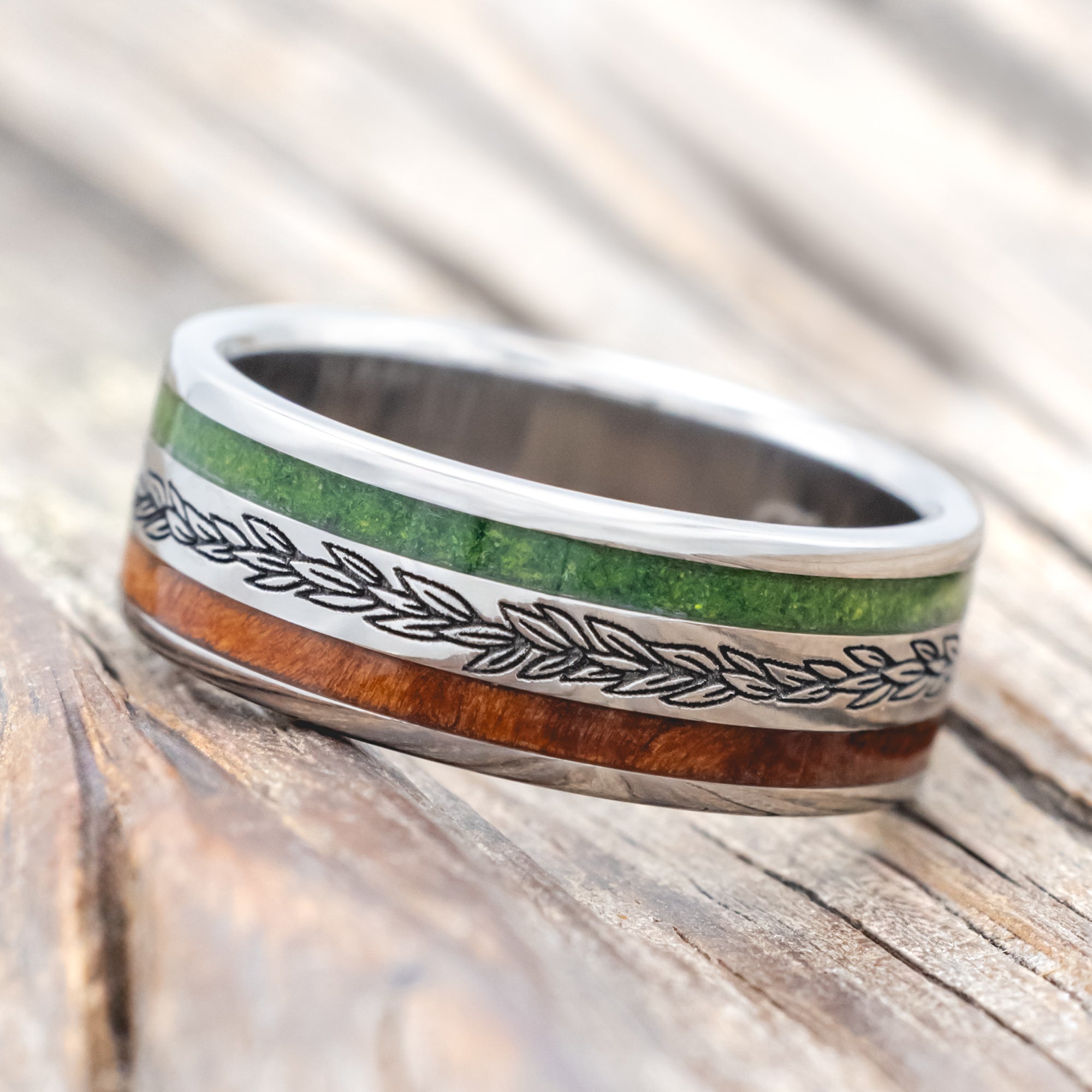 "RYDER" - LAUREL ENGRAVED WEDDING RING WITH REDWOOD & MOSS-Staghead Designs
