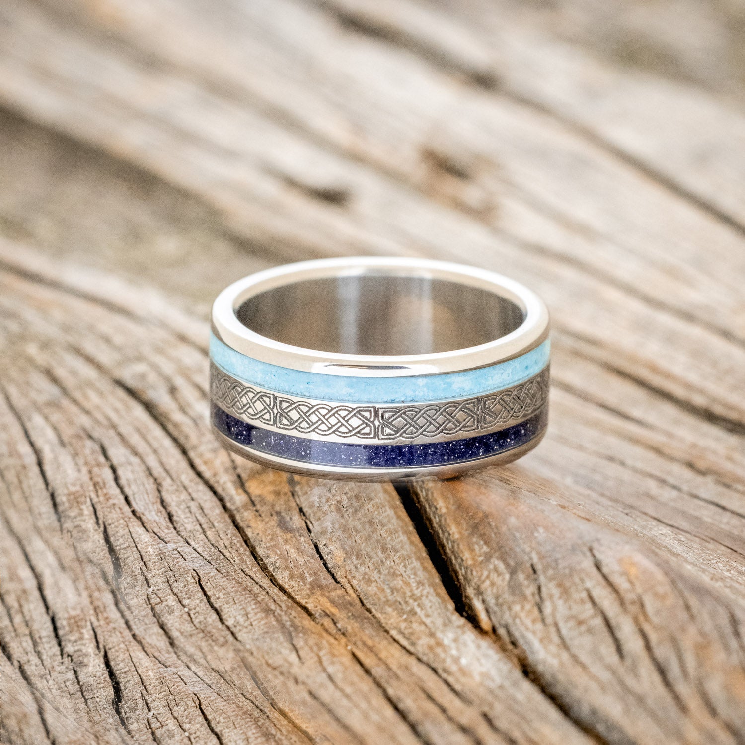 "RYDER" - CELTIC KNOT ENGRAVED, TURQUOISE & BLUE GOLDSTONE WEDDING RING-3