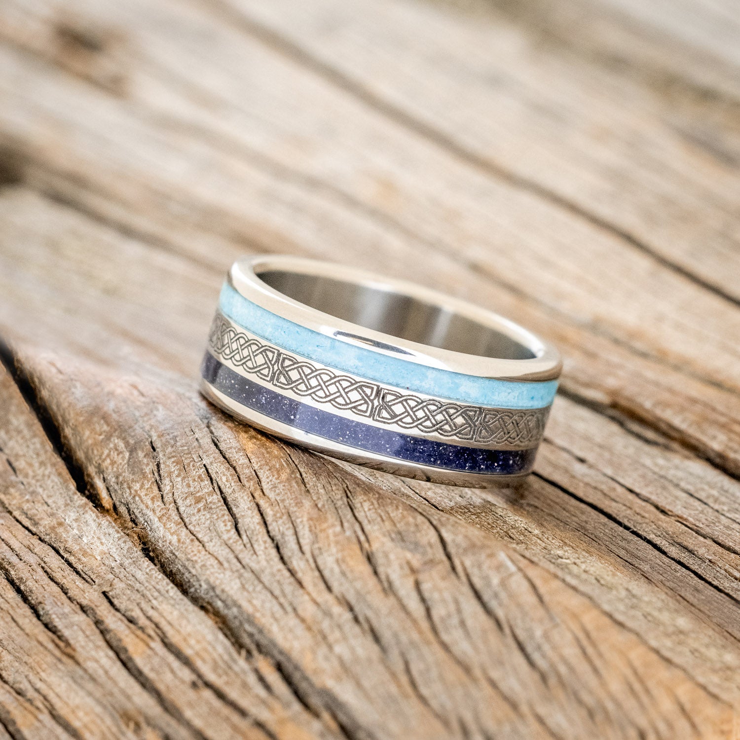 "RYDER" - CELTIC KNOT ENGRAVED, TURQUOISE & BLUE GOLDSTONE WEDDING RING-2