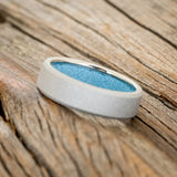 TURQUOISE LINED WEDDING BAND WITH A SANDBLASTED FINISH - TITANIUM(6MM) - SIZE 8 3/4-3