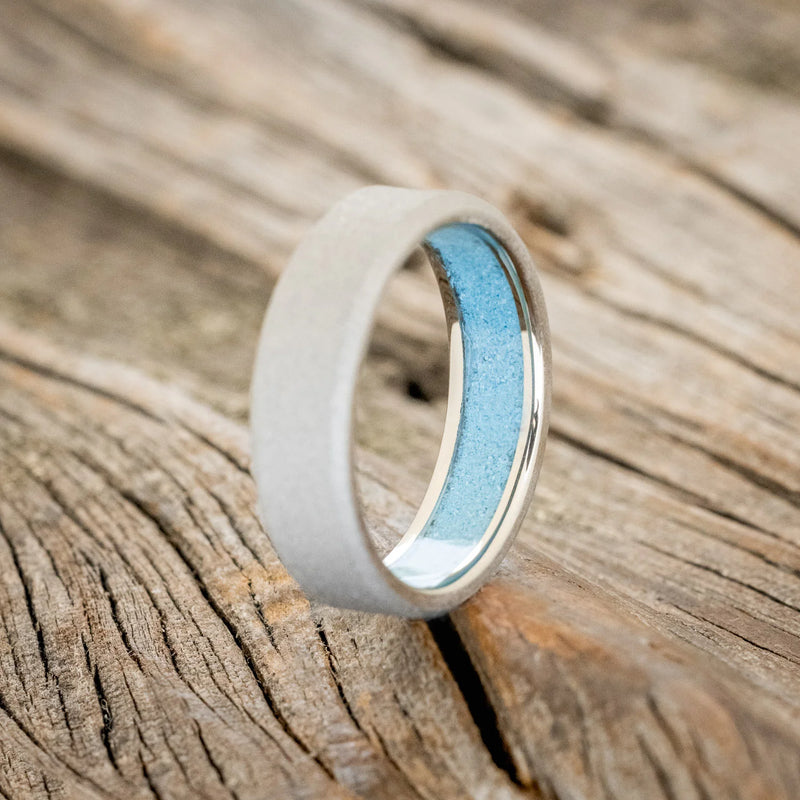 TURQUOISE LINED WEDDING BAND WITH A SANDBLASTED FINISH - TITANIUM(6MM) - SIZE 8 3/4-2