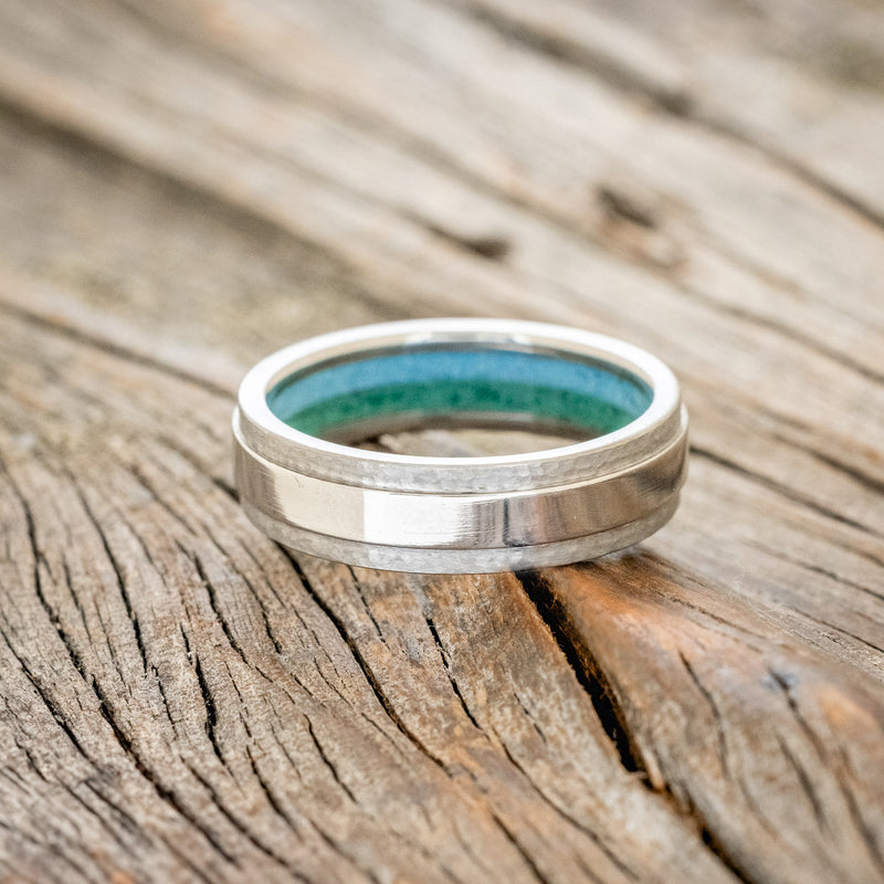 "SEDONA" - RAISED CENTER WEDDING RING WITH A TURQUOISE & MALACHITE LINING WITH HAMMERED EDGES-3